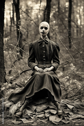 creepy scary mannequin woman sitting in the woods