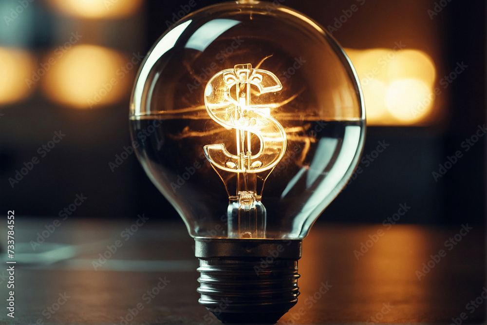 Money making Idea lightbulb with glowing dollar sign  - obrazy, fototapety, plakaty 