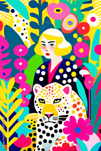Funky colourful illustration of a woman in the jungle surrounded by tropical plants with a colourful leopard 