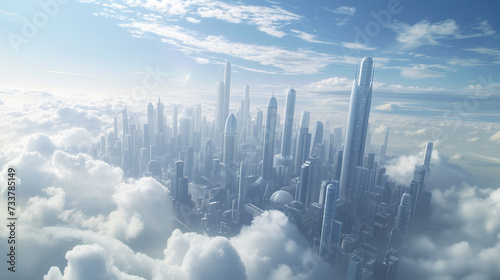 雲海の隙間に都市が覗いている　未来都市イメージ photo