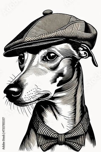 whippet, greyhound in a flat cap black and white illustration.