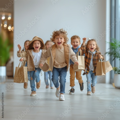 Happy group of children in casual clothes jeans, t shirt. Running with package paper bags with purchases in the shopping mall. Shopping discount sale concept. Mock up, copy space, banner. Fashion photo