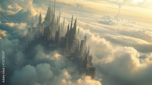 雲の隙間から見える都市　未来都市のイメージ photo