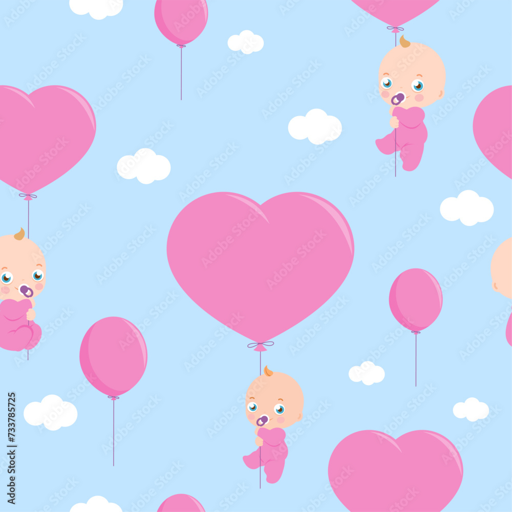 Cute newborn babies in the sky holding pink balloons. Baby shower party background with balloons in the sky. Seamless pattern. Vector Illustration