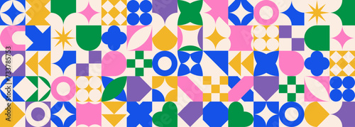 Geometric seamless pattern in bauhaus style. Colorful abstract shapes background in trendy swiss style. Flat vector illustration.