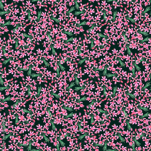 Hand drawn watercolor abstract pink daisy flowers bouquet seamless pattern isolated on dark background. Can be used for textile, fabric and other printed products.