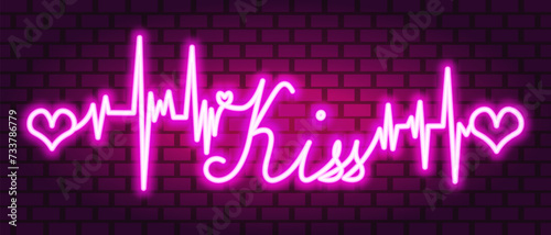 Kiss. The text is decorated with a pulse and hearts. Pink neon glow. Color vector illustration. Isolated background of pink brick wall. Broken zigzag line and romantic italic inscription. 