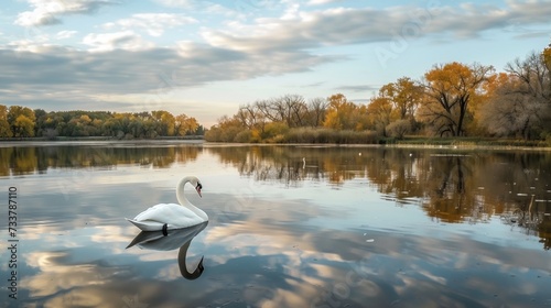 Tranquil Swan Swimming on Calm Lake Reflecting Trees and Clouds AI Generated.