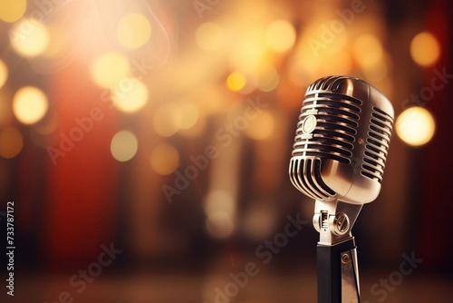 Old-fashioned microphone on comedy stage with blurred lights in background. Generative AI photo
