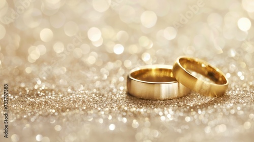 wedding rings in the corner on a sparkling glitter background in banner format with copy space.