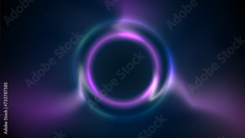 Blue pink purple circular light frame on dark background. Shining light ring. Glowing blue pink plasma circle. Abstract background, backdrop for displaying products, text, copy paste. Vector