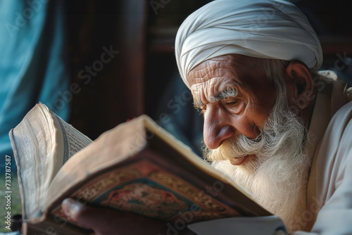 Elderly man thoroughly recites Quran imparting wisdom and tranquility. Senior Muslim man in turban imparts profound insights resonating with hearts