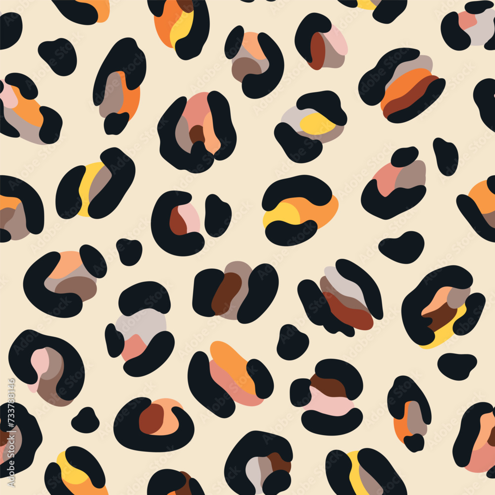 Leo seamless pattern. Random placed, abstract multi colored shapes, wildcat skin imitate. Animal skin all over surface print for fabric, paper, package. Leopard vector background. Modern wallpaper Leo seamless pattern. Random placed, abstract multi colored shapes, wildcat skin imitate. Animal skin all over surface print for fabric, paper, package. Leopard vector background. Modern wallpaper