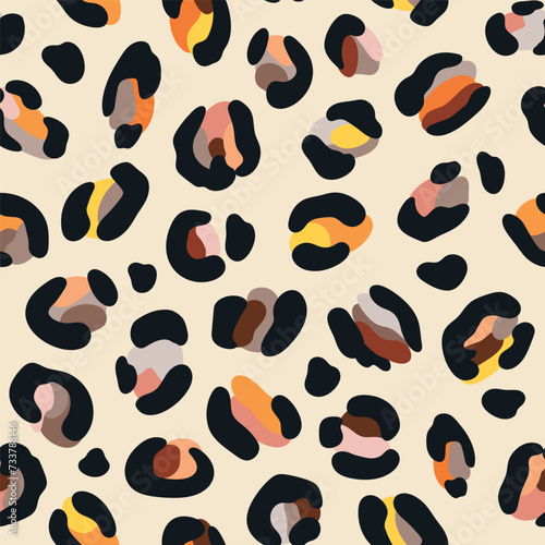 Leo seamless pattern. Random placed, abstract multi colored shapes, wildcat skin imitate. Animal skin all over surface print for fabric, paper, package. Leopard vector background. Modern wallpaper