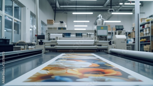 Artwork being printed on large canvas, print machine in background inside clean modern area. Generative AI. photo