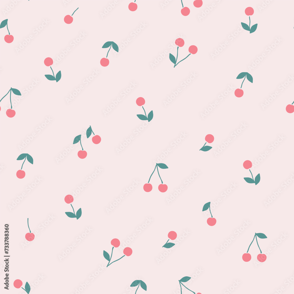 Vector seamless cherry pattern on a light pink background. Hand-drawn illustration of summer fruits. The fresh design is great for wallpaper or gift wrapping.