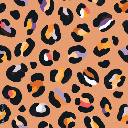 Leo seamless pattern. Random placed, abstract multi colored shapes, wildcat skin imitate. Animal skin all over surface print for fabric, paper, package. Leopard vector background. Modern wallpaper
