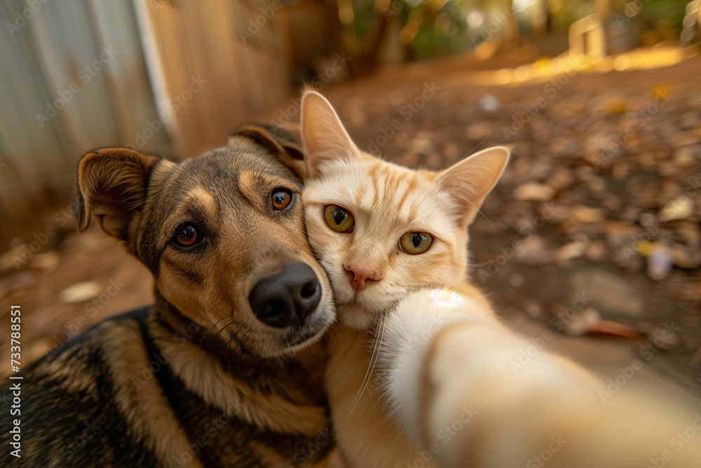 cat taking selfie with a dog, strong friendship