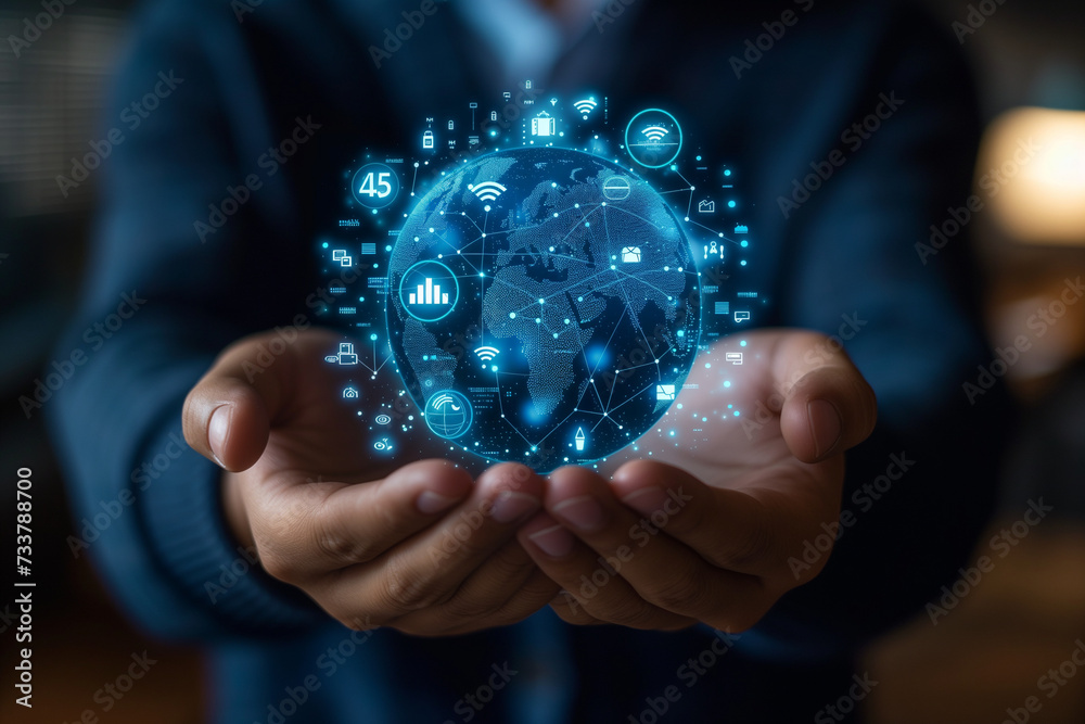 hand holding globe, digital technologies and business hand holding globe, digital technologies and business