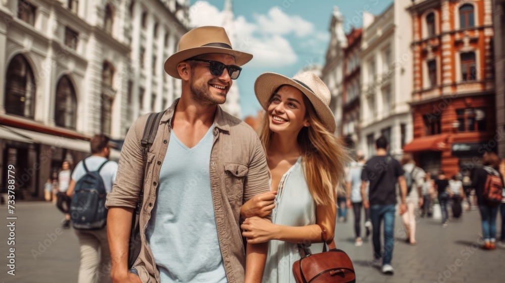 Couple enjoying a city break, smiling and sightseeing, travel and relationship concept. Couple enjoying a city break, smiling and sightseeing, travel and relationship concept.