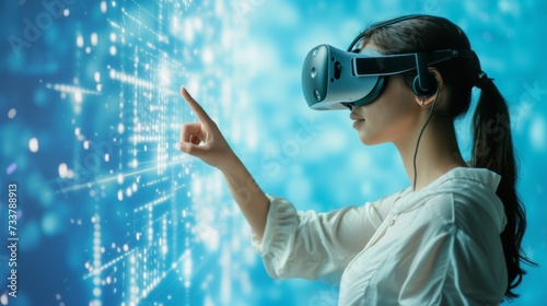 A woman with a VR headset touches digital interface, blue lights surrounding her. Perfect for concepts of future tech and virtual interaction.