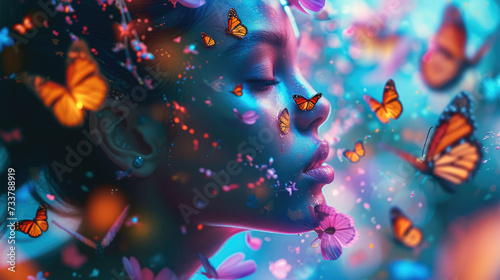 Beautiful goddess dissolving into butterflies with neon acrylic paint, splashes. Generative AI.