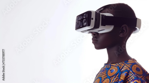 Young child with afro hair in white outfit experiences virtual reality with a VR headset, concept of educational content on VR