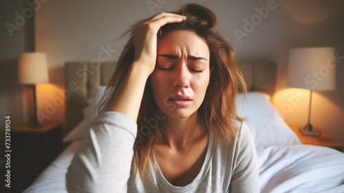 Young woman having a headache and feeling sick in the bedroom at home. Negative emotion and mental health concept. photo