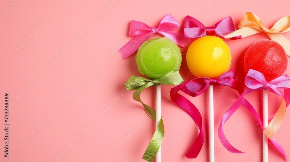 Brightly colored lollipops with festive ribbons on a pink background, sweets and celebration concept.