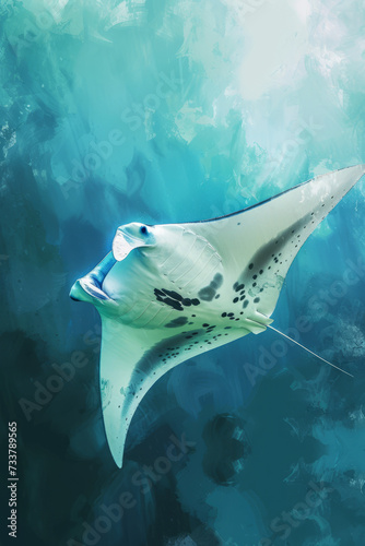 Oceanic Glide: Elegant Manta Ray Swimming in Blue Water Depths