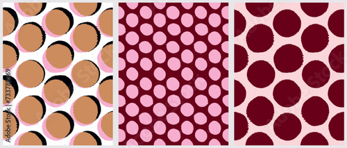 Red-Pink Dotted Seamless Vector Patterns. Hand Drawn Dots Isolated on a White, Dark Red and Light Pink Background. Freehand Polka Dots Print. Simple Irregular Geometric Repeatble Design.