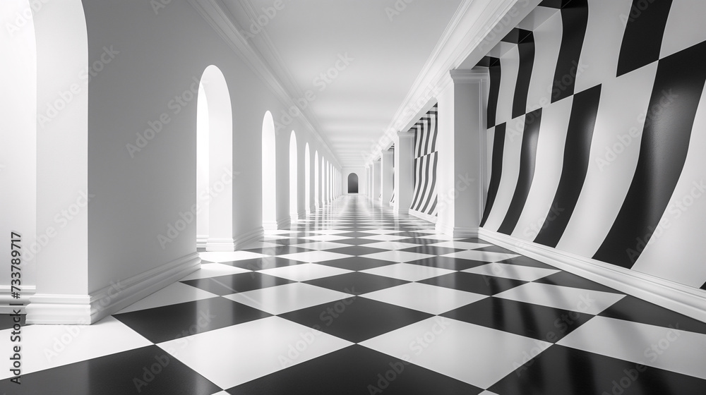 Obraz premium Ilusión óptica, pasillo de una vivienda hecha con lineas y cuadros en blanco y negro creando una ilusión óptica como en el cuento de Alicia en el país de las maravillas