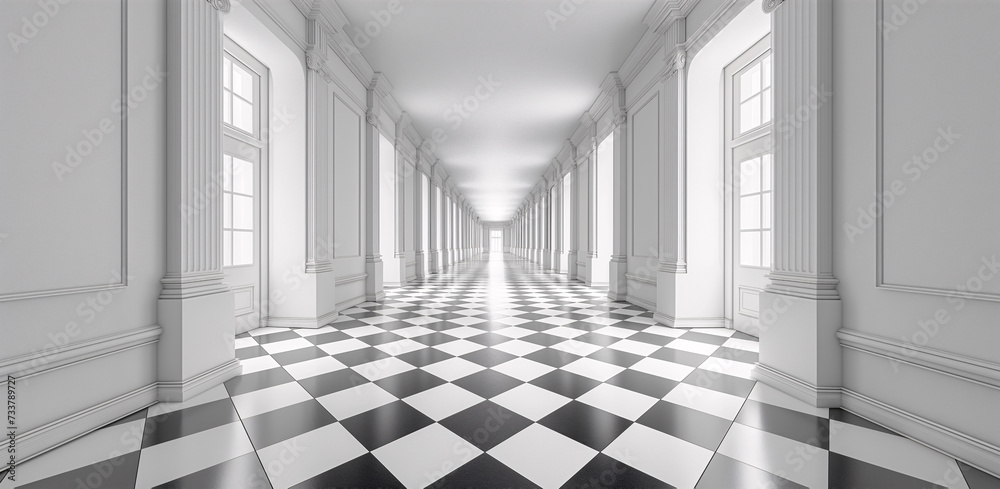Ilusión óptica, pasillo de una vivienda hecha con lineas y cuadros en blanco y negro creando una ilusión óptica como en el cuento de Alicia en el país de las maravillas - obrazy, fototapety, plakaty 