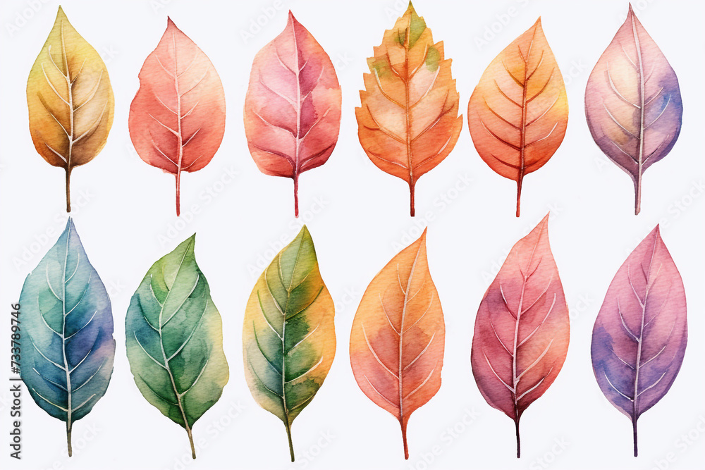 Obraz premium Set of watercolor leaves on a white background.