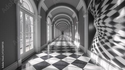 Ilusión óptica, pasillo de una vivienda hecha con lineas y cuadros en blanco y negro creando una ilusión óptica como en el cuento de Alicia en el país de las maravillas photo
