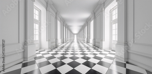 Ilusión óptica, pasillo de una vivienda hecha con lineas y cuadros en blanco y negro creando una ilusión óptica como en el cuento de Alicia en el país de las maravillas photo
