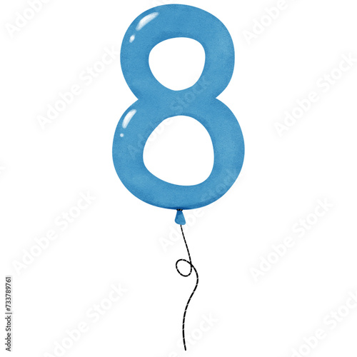 Blue watercolor drawing balloon  number 8  ,eight colors for the birthday. clipart for girls