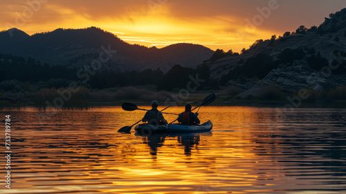 Two kayakers paddle gently on a tranquil lake, basking in the glow of a warm golden sunset behind mountainous terrain.