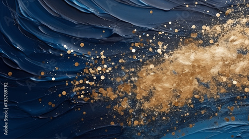 Tło abstrakcyjne olej na płótnie malowany farbami granatowymi i złotą farbą. Tekstura plamy przypominającej galaktykę i gwiazdy na niebie.	