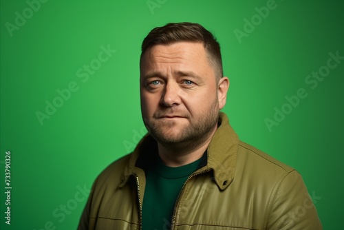 Portrait of a man in a green jacket on a green background