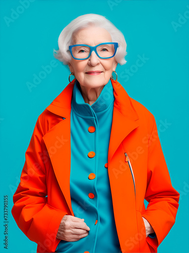 Retrato de una mujer senior en el fondo del estudio de color turquesa. Vista de frente y de cerca. IA Generativa
