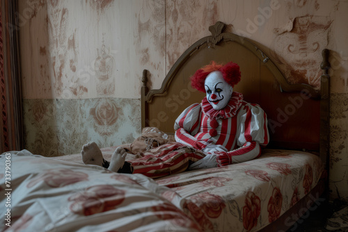 Creepy Clown in Abandoned Room for Horror Themed Events and Halloween Decorations