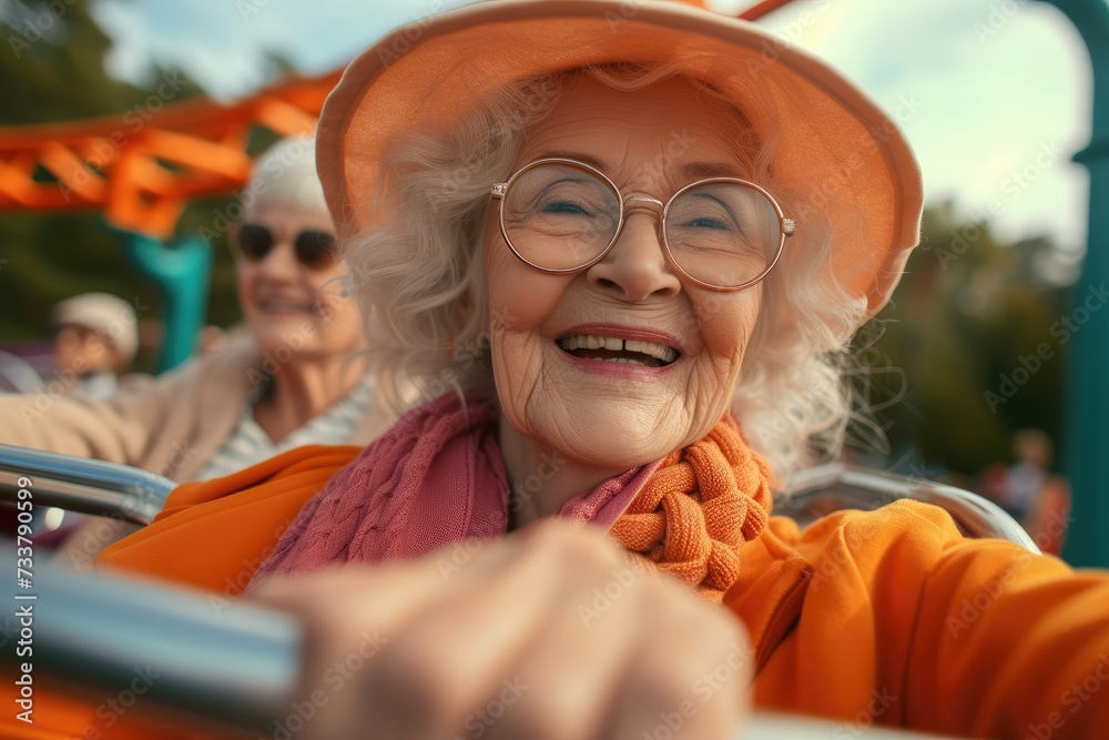 Active Senior Women Engaged on Roller Coaster, very happy. Generative AI. Active Senior Women Engaged on Roller Coaster, very happy. Generative AI.