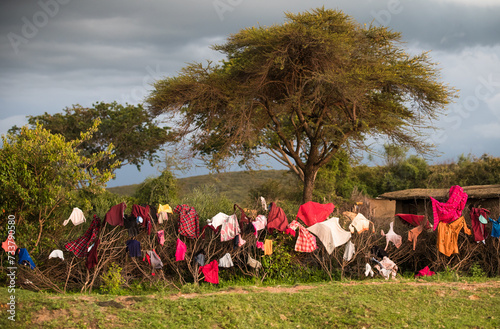 Pranie suszące się na płocie wioski Masajów w Masai Mara Kenia