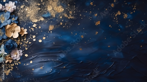 Fototapeta Naklejka Na Ścianę i Meble -  Tło abstrakcyjne olej na płótnie malowany farbami granatowymi i złotą farbą. Tekstura plamy z kwiatami 3d.