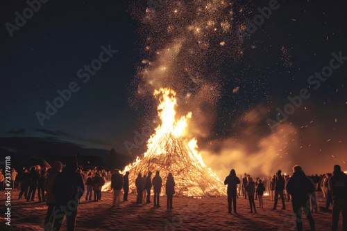 Crowd of people stands around majestic bonfire reaching dark sky at night. Celebration of old holiday by whole village. Lighting fire for rituals, close-up