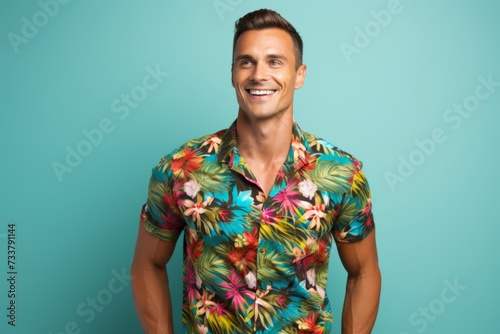 Handsome young man in colorful floral shirt smiling over blue background