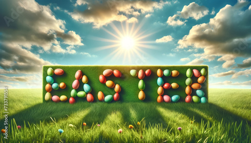  happy Easter greeting card with text from Easter eggs with on the green grass and sky background