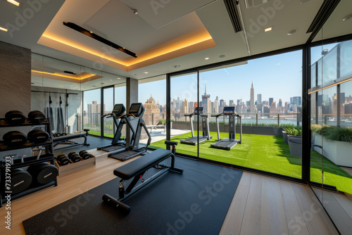 Modern Gym Interior with City View for Fitness Lifestyle Magazines and Sport Facility Ads