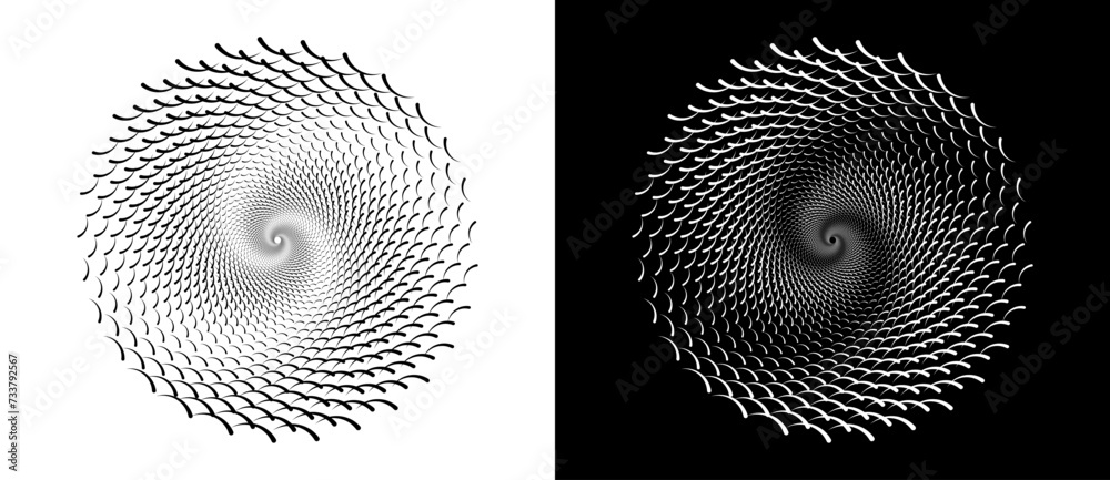 Modern abstract background. Waves in circle form. Round logo. Vector dotted frame. Design element or icon. Black shape on a white background and the same white shape on the black side. - obrazy, fototapety, plakaty 